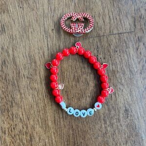 Red LOVE Beaded Bracelet w Heart Charms + Rhinestone GG Style Brooch Pin Set